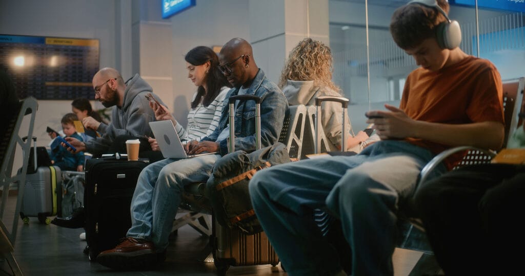 A group of airline passengers waiting patiently at a departure gate