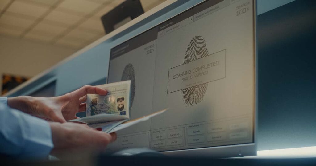 Grande plano de um passaporte a ser verificado pelo pessoal do check-in