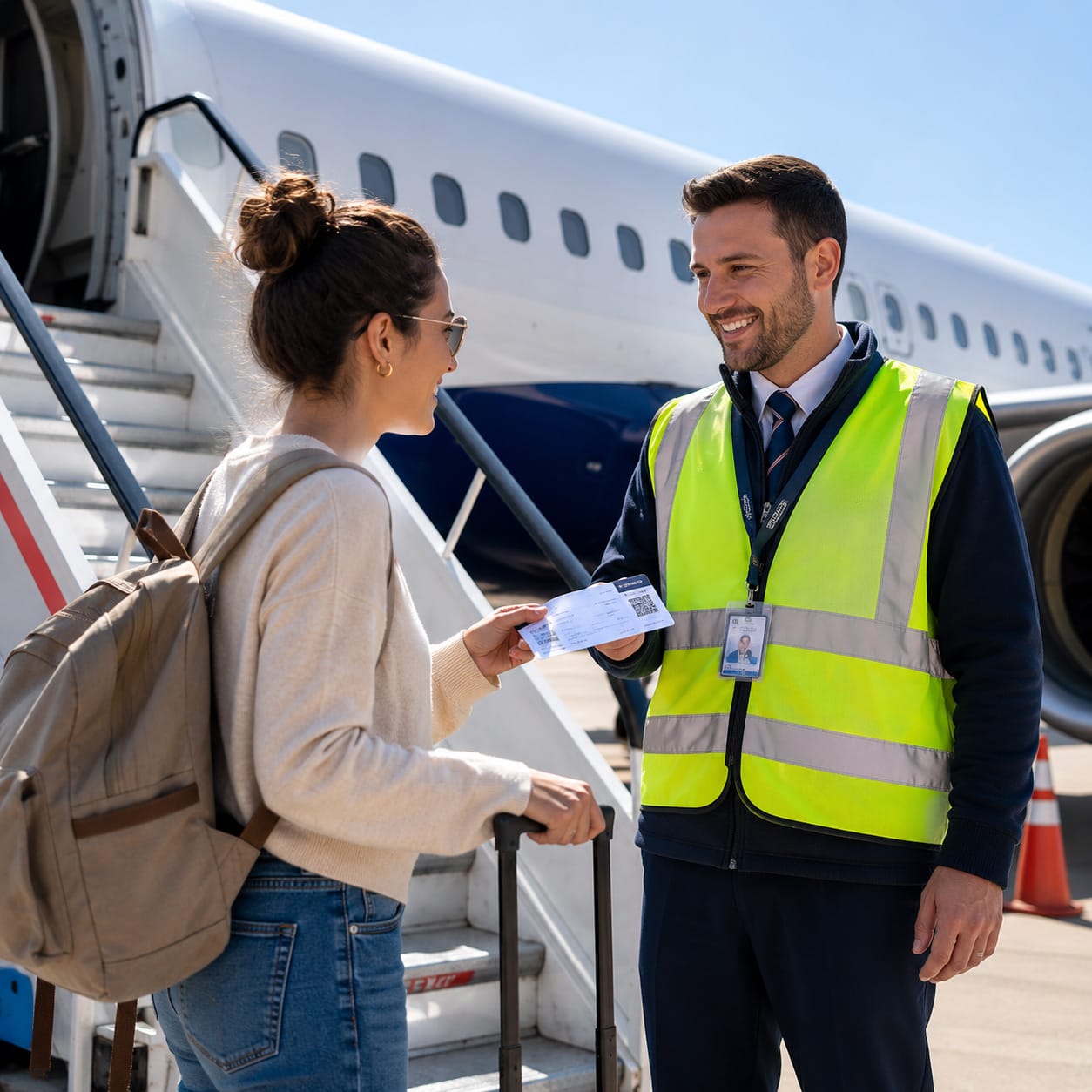 A ground handler agent assisting a passenger board a plane